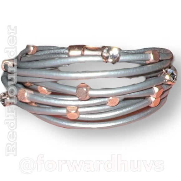 Silver Strand Vegan Leather and Rose Gold Metal Bracelet with Magnetic Clasp - Picture 6 of 8